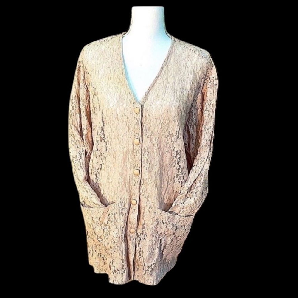 Vintage 80s  Lace Beige Lightweight Jacket Blouse Blazer Size Large NWT